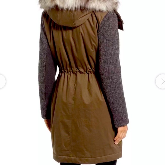 Vera Wang Green Khaki Faux Fur Trim Mixed Media Parka - Picture 4 of 17